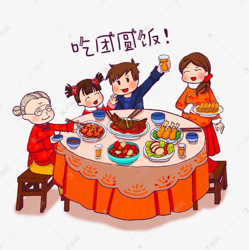 卡通手绘新年家人吃团圆饭创意海