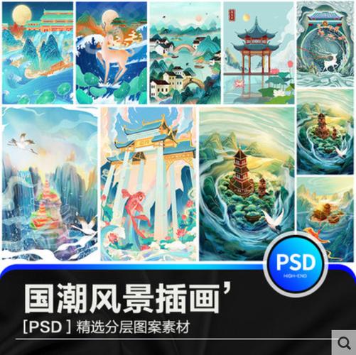 中国风国潮烫金山水古建筑风景场景插画装饰画psd素材