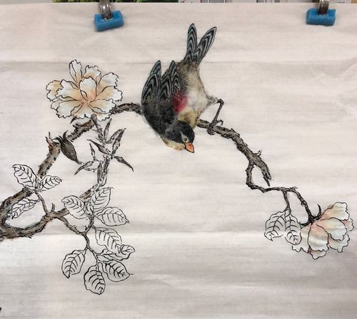 朱兆森先生工笔带写意花鸟画——相思鸟棣棠花