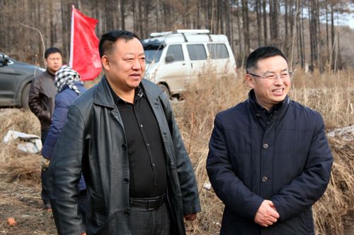 长山乡党委书记鲍卫东(左一)向县委书记王安汇报果美采摘园