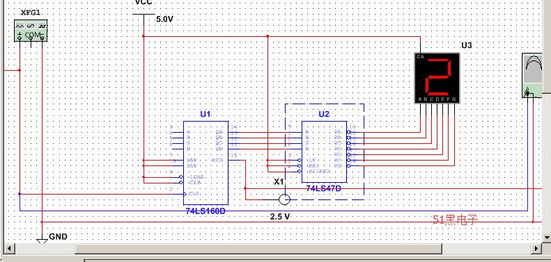 74ls160d 74ls47d译码器&数码管multisim仿真图