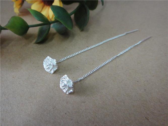 99纯银玫瑰花耳线耳饰女s990足银纯银耳环流苏花朵耳链银线_7折现价26