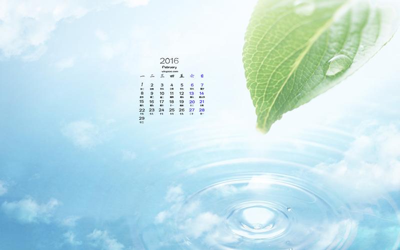 2016年2月日历精选清凉叶子桌面壁纸图片下载