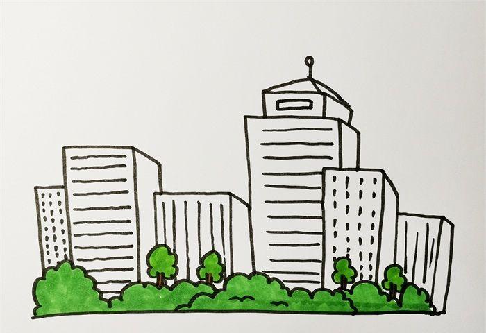 城市楼房简笔画带颜色