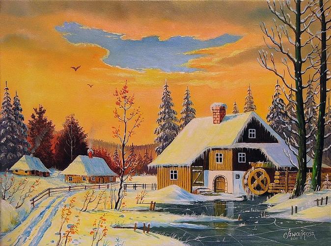 插画:波兰艺术家czesawszwajkosz作品-冬季风景
