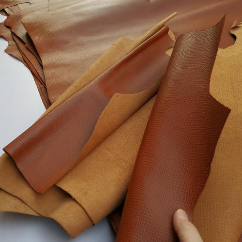 特惠促销进口头层小牛皮皮料棕色压缩纹皮手工真皮面料半植鞣质感