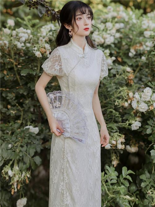 司藤景甜同款仙女修身显瘦改良版旗袍长裙气质蕾丝钉珠短袖茶服裙