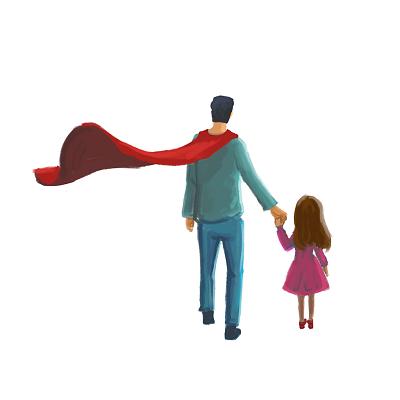 背影元素png素材彩色手绘卡通父亲节人物父女坐热气球元素png素材彩色