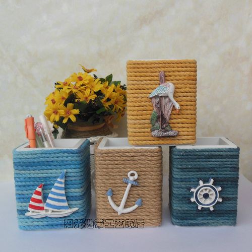 新款地中海风格麻绳笔筒家居装饰摆件木质手工收纳盒工艺品 特价