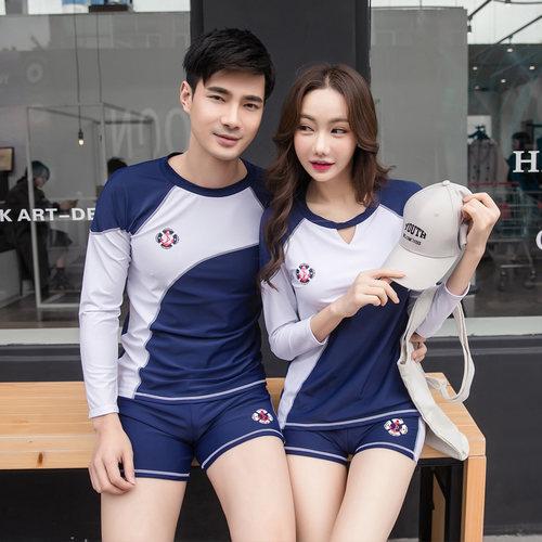 时尚甜蜜浪漫海边度假情侣款泳衣长袖防晒男女学生学游泳分体泳装_7折