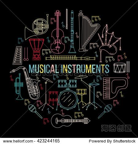 musical instruments isolated on black background.