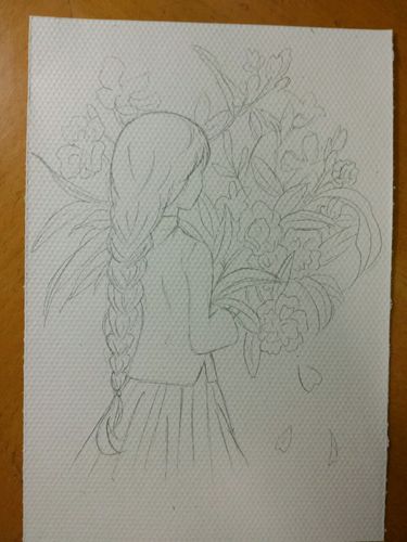 橙子味手绘 tsukimi 线稿 女孩 长发 清朝学生服 编发 捧花 背影 水粉