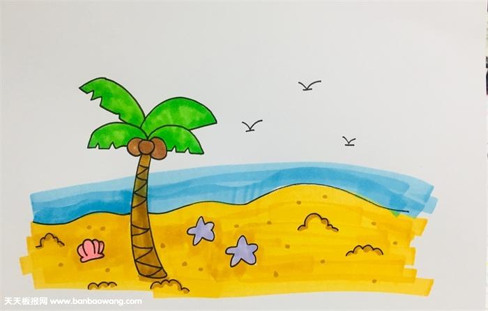 6,最后将海水涂蓝,沙滩涂黄并画上棕色颗粒,美丽的海滩就画好啦.