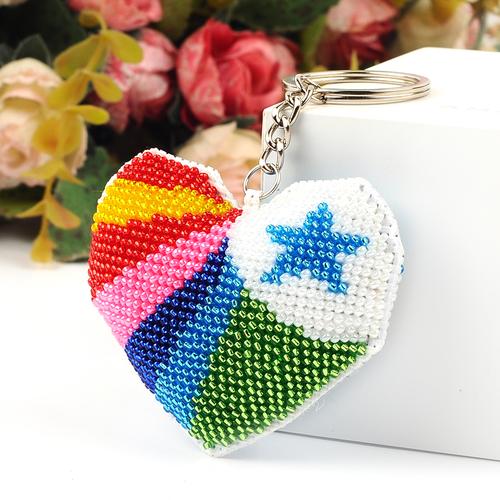 新款彩色爱心十字绣满绣珠绣钥匙链串珠多彩五角星