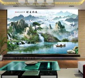 定制中式电视背景墙壁纸客厅风景画自贴壁画墙纸自粘山水画客厅画