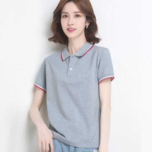 新疆100%纯棉2021翻领短袖t恤夏季女装带领工作服宽松