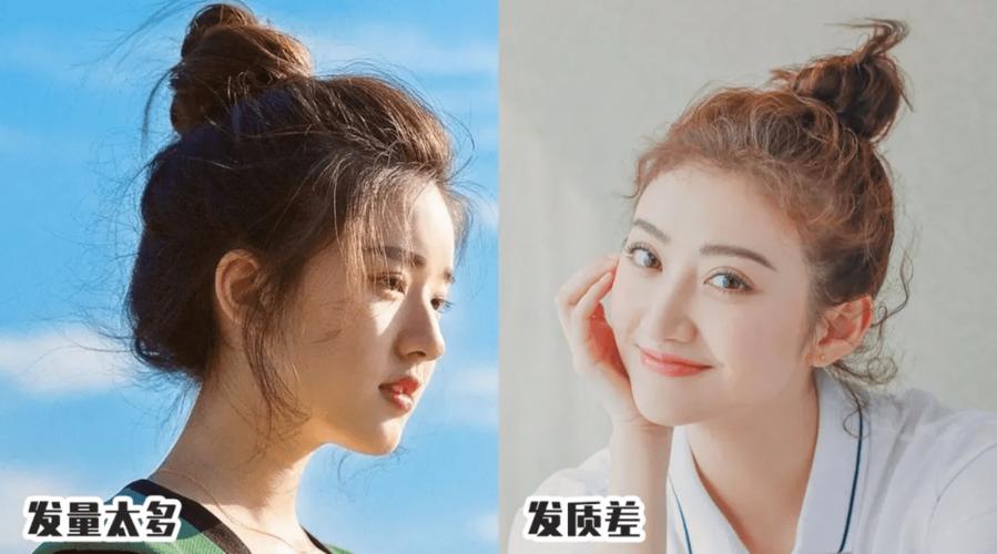 一个是 圆脸,高颅顶扎发,有胎毛加分,大大增添可爱气息.