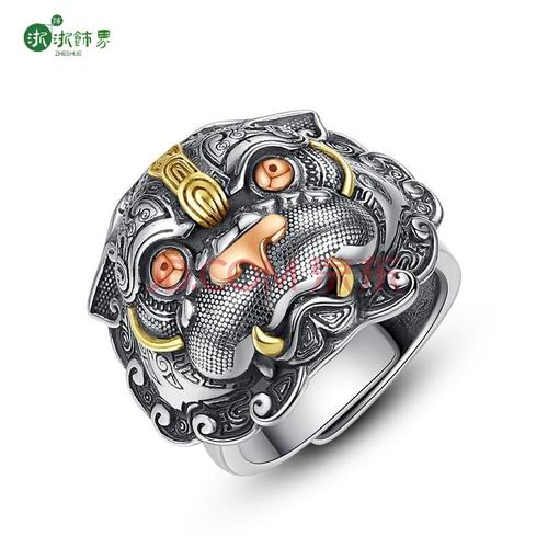浙饰界貔貅戒指男潮开口复古925银男士指环个性饕餮纹