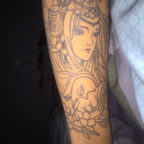 割线艺妓刺青色防水纹身贴男女款手臂花臂小腿持久仿真线条刺青贴