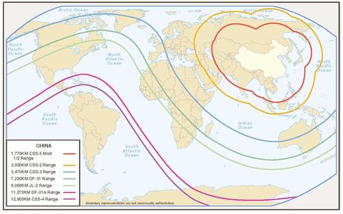 美国绘制的中国导弹覆盖范围和三军基地概略图!