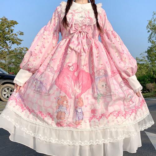 连衣裙甜心小镇长袖洛丽塔裙子学生可爱连衣裙粉色m小码