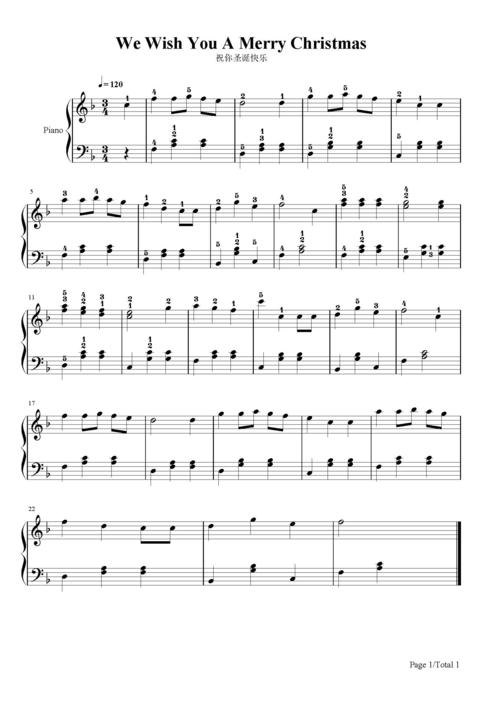 祝你圣诞快乐-bing crosby-f调 -流行钢琴五线谱