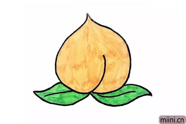 5.最后我们给好看又美味的桃子果实涂上黄色,叶子涂上绿色.看!