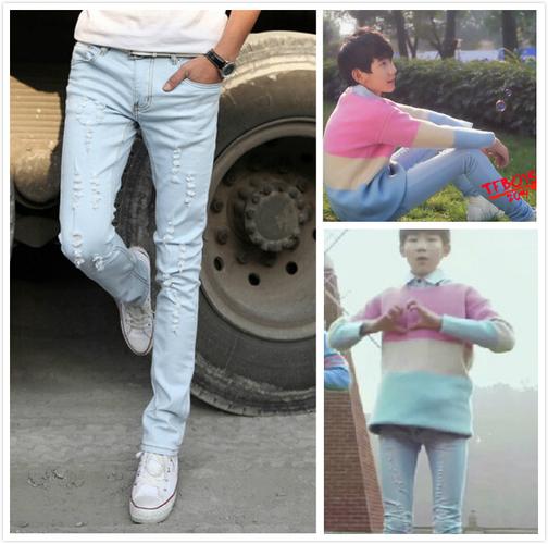 tfboys王俊凯王源同款磨白磨破小脚牛仔裤魔法城堡mv同款男铅笔裤