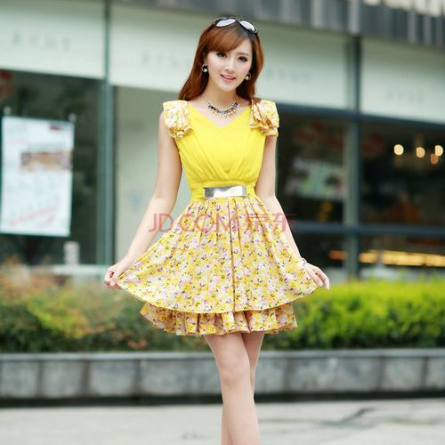 2014夏装新款女装韩版高腰大码显瘦蕾丝裙无袖连衣裙公主裙子 黄色 m