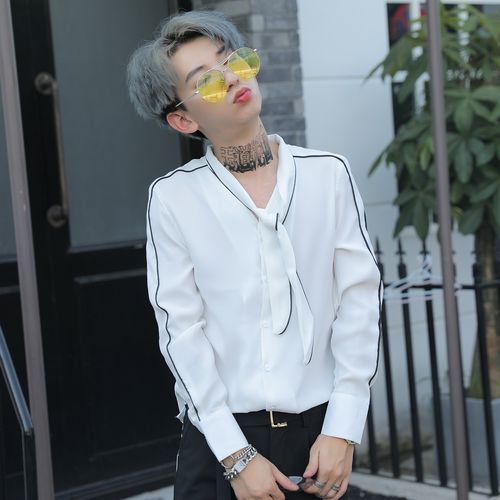 秋季新款夜场衬衫男 欧美简约领结领带装饰休闲免烫长袖潮流衬衣