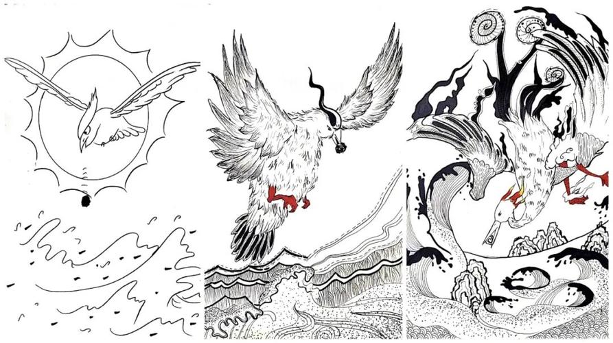 山海经 精卫 变形 线描画装饰画_装饰画_山海经_黑白装饰画_兴趣爱好