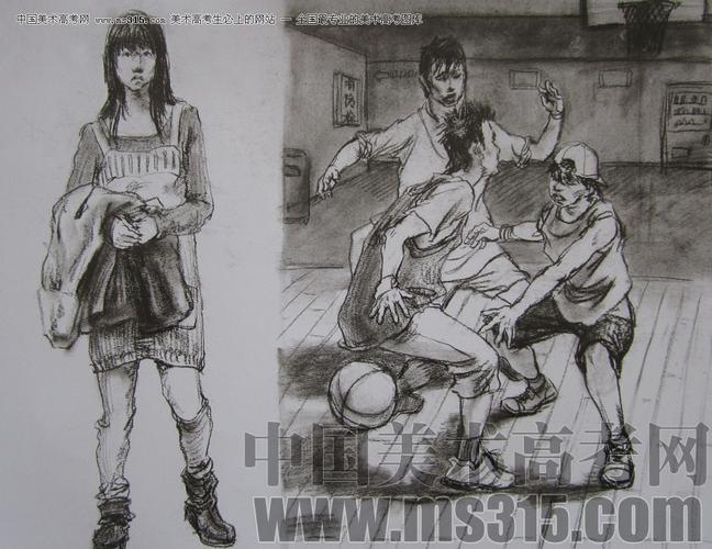 命题创作部分,选取篮球场上的攻守瞬间作为表现的内容,紧扣命题,采用