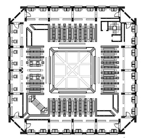 外圈阅览区最光线充足,中圈藏书区采用人工照明,中庭通过侧天窗采光