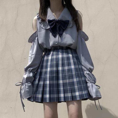 套装女夏季新款学院系露肩长袖衬衫半身裙两件套 灰色 上衣 裙子 领带
