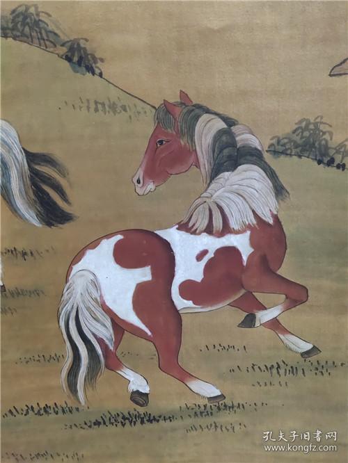 旧藏四尺绢布中堂画《郎世宁马》纯手绘3h 210x82cm