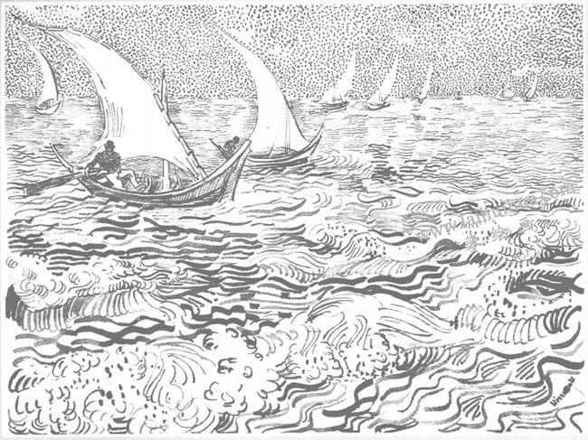 海上捕鱼船,24.6x31.8cm,1888,芦杆笔.