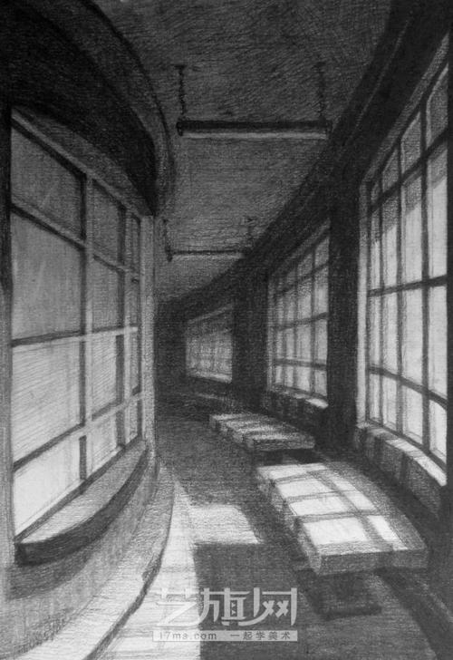 建筑素描有阳光照进的走廊作品欣赏