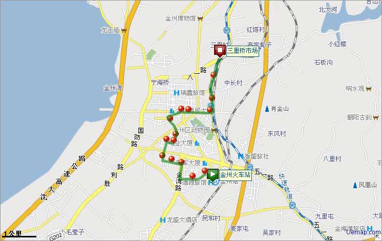 大连金州109路上行公交线路图