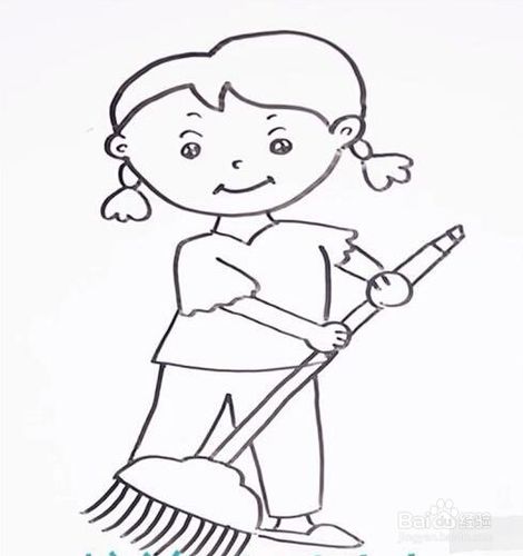 伴儿成长简笔画系列-怎样画扫地的女孩简笔画