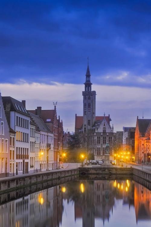 iphone 壁纸 布鲁日,比利时,城市,河,晚上,灯光,房屋