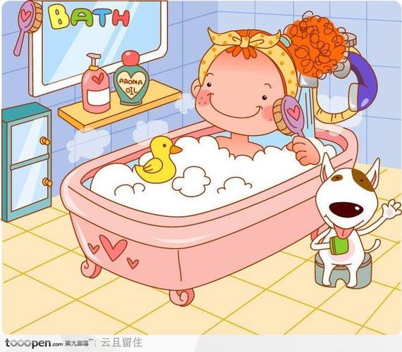 在浴盆里沐浴的卡通卷发女孩