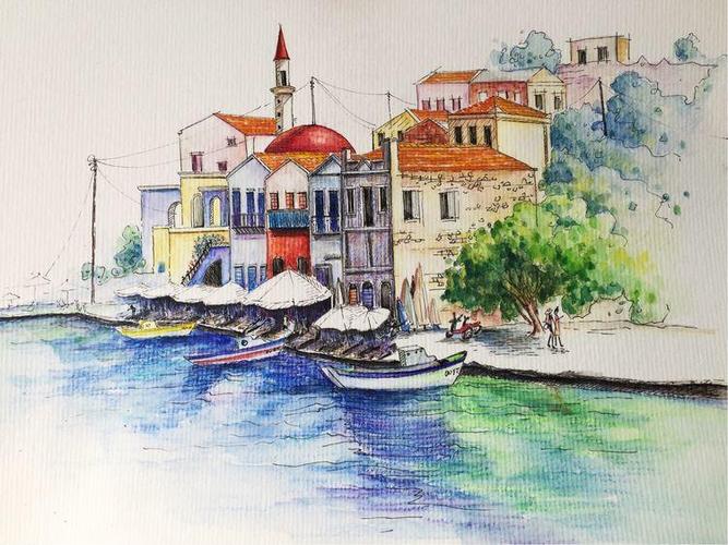 快速掌握用彩铅速写风景海港小镇