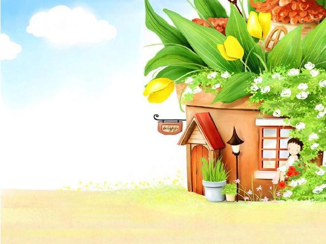 太阳花大树房子卡通ppt背景图片