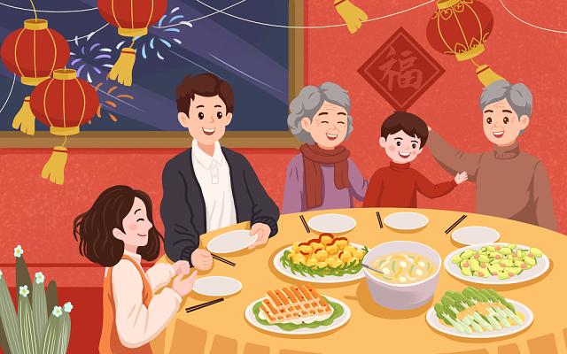 全家福春节习俗红色 春节全家团圆吃年夜饭插画
