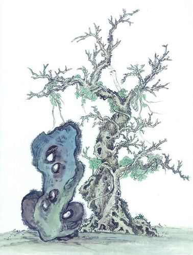 国画:古树奇石