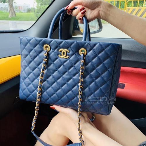 chanel香奈儿购物包金扣双c菱格购物袋蓝色牛皮鱼子酱小号大号手提单