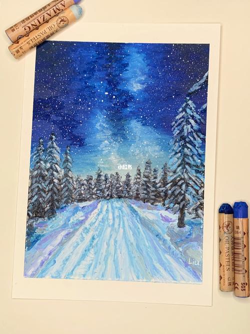 油画棒|雪夜·星河   内附步骤(简单)_油画_摄影_雪景