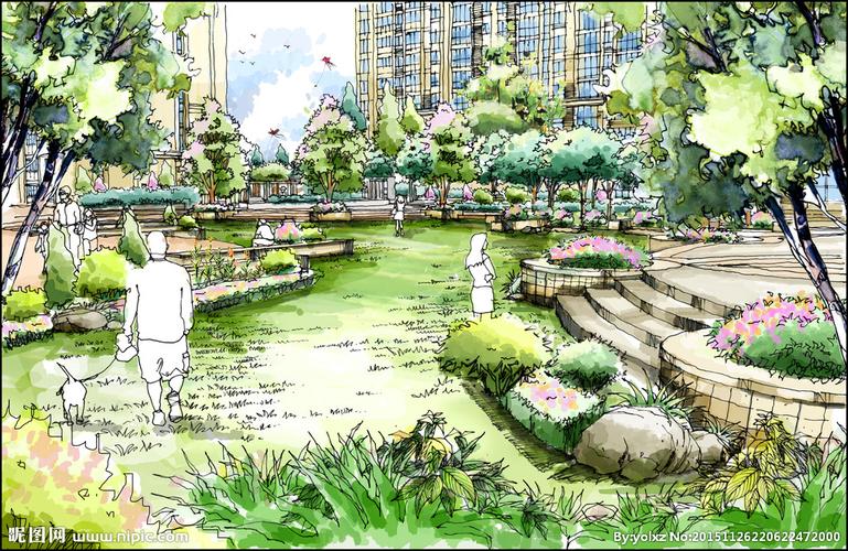 手绘鼠绘景观小区花园效果图分层图片