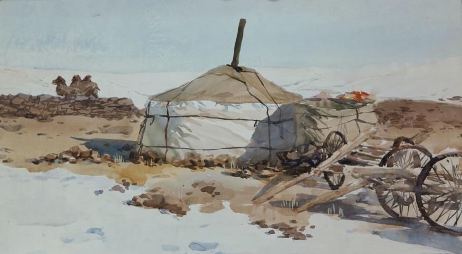 (水彩画) 冬季的蒙古包营地,白雪皑皑,骆驼牛羊安详的休息,包内炊烟