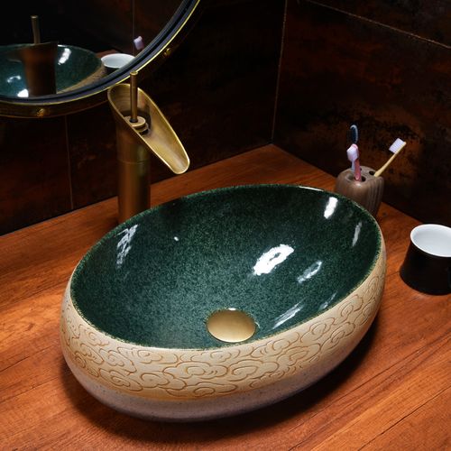 中式复古台上盆手工雕刻祥云洗手盆卫生间艺术洗脸盆家用陶瓷面盆